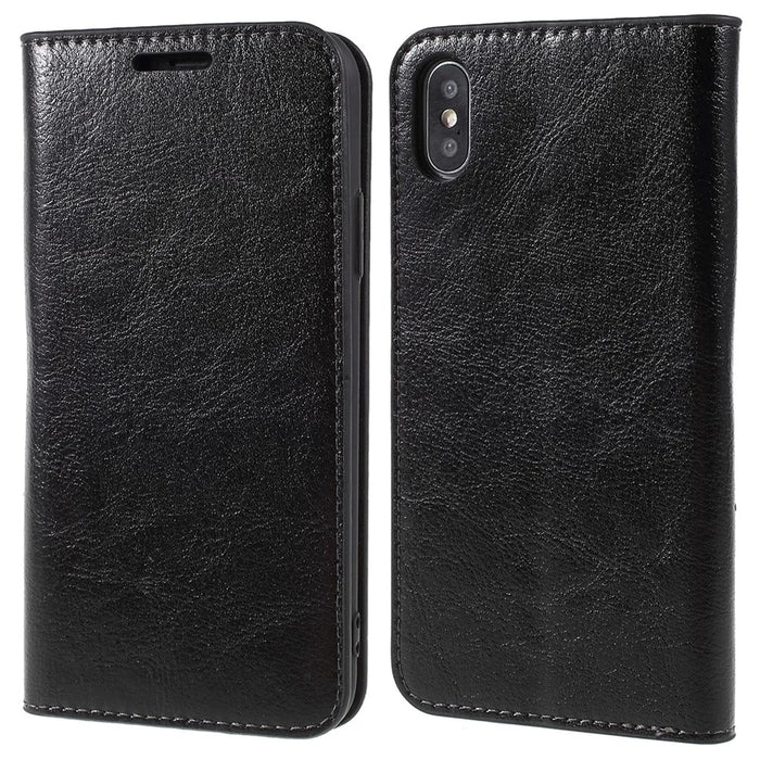 Crazy Horse Genuine Leather Case for iPhone X 5.8 inch, Stand Wallet Flip Folio Protective Cover - Black - 1