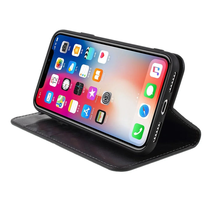 Crazy Horse Genuine Leather Case for iPhone X 5.8 inch, Stand Wallet Flip Folio Protective Cover - Black - 4