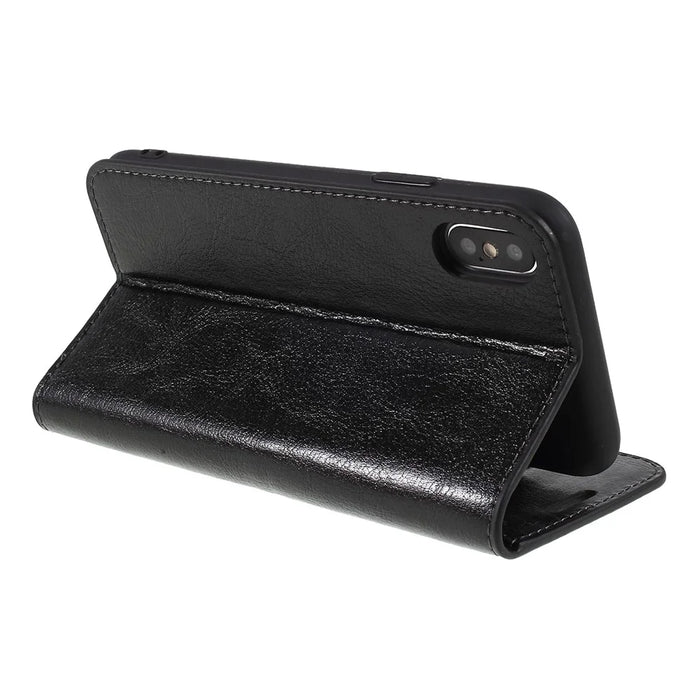 Crazy Horse Genuine Leather Case for iPhone X 5.8 inch, Stand Wallet Flip Folio Protective Cover - Black - 5