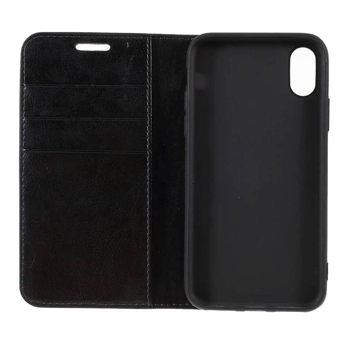 Crazy Horse Genuine Leather Case for iPhone X 5.8 inch, Stand Wallet Flip Folio Protective Cover - Black - 7