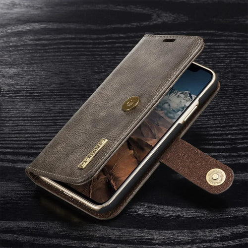 DG.MING For iPhone X/XS 5.8 inch Shockproof Anti-scratch Split Leather Wallet Cover + Detachable PC Phone Case - Grey - 1