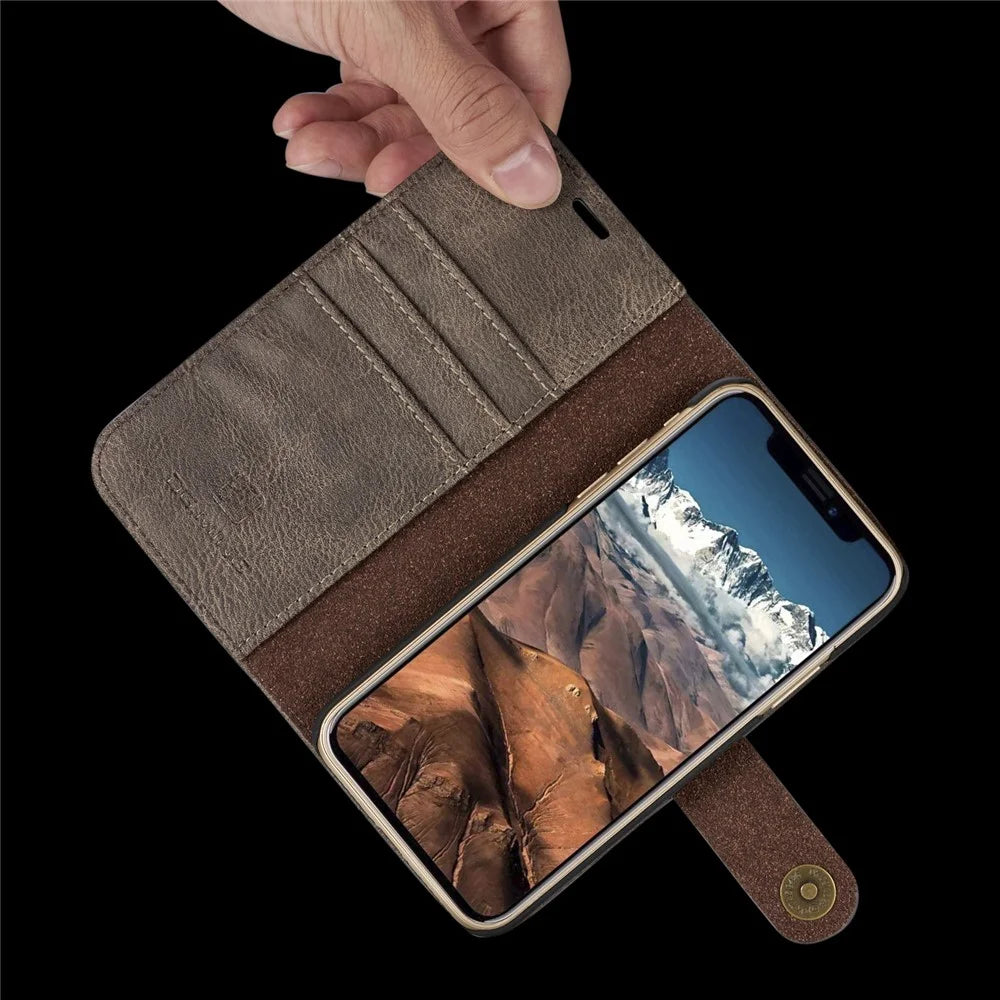 DG.MING For iPhone X/XS 5.8 inch Shockproof Anti-scratch Split Leather Wallet Cover + Detachable PC Phone Case - Grey - 2