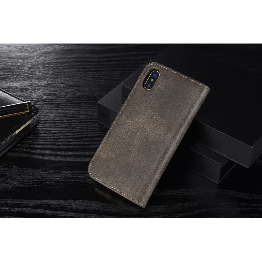 DG.MING For iPhone X/XS 5.8 inch Shockproof Anti-scratch Split Leather Wallet Cover + Detachable PC Phone Case - Grey - 4