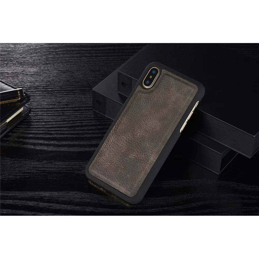 DG.MING For iPhone X/XS 5.8 inch Shockproof Anti-scratch Split Leather Wallet Cover + Detachable PC Phone Case - Grey - 5