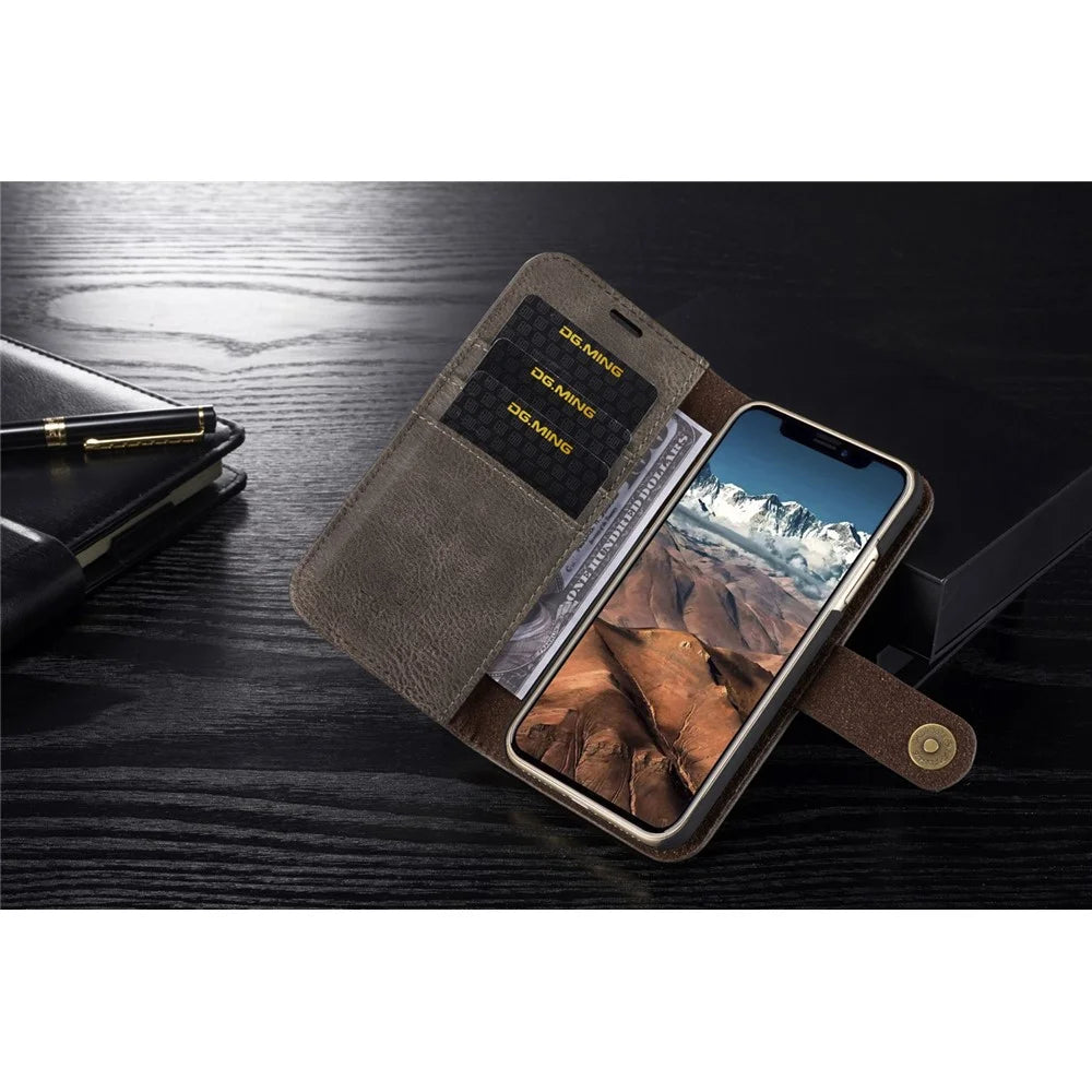 DG.MING For iPhone X/XS 5.8 inch Shockproof Anti-scratch Split Leather Wallet Cover + Detachable PC Phone Case - Grey - 6