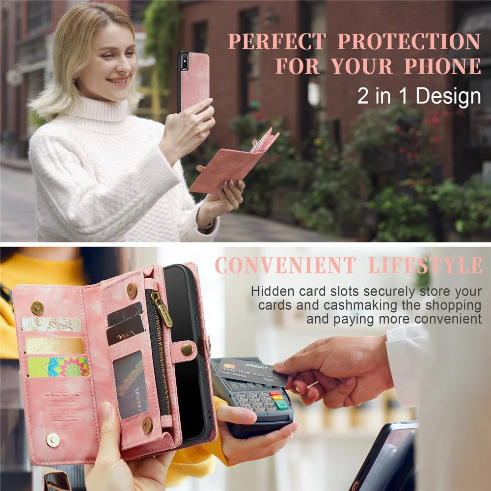 CASEME 008 Series Phone Case for iPhone X (Ten) / XS Detachable 2-in-1 PU Leather Phone Cover with Zipper Wallet - Pink - 7