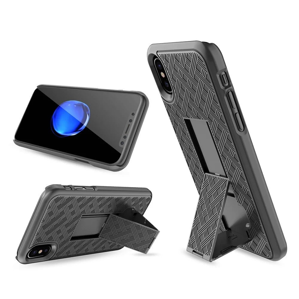 Woven Texture PC + TPU Swivel Belt Clip Holster Case for iPhone X (Ten) - Black - 1