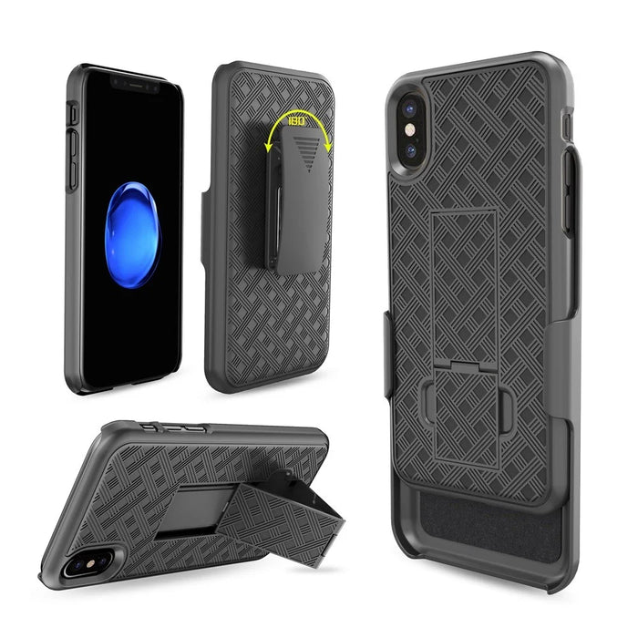 Woven Texture PC + TPU Swivel Belt Clip Holster Case for iPhone X (Ten) - Black - 2