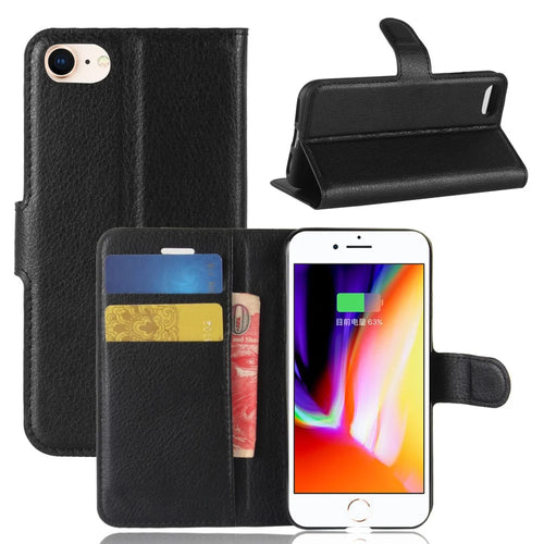 Stand Feature Litchi Skin PU Leather Wallet Magnetic Protective Cover for iPhone 7 / 8 4.7 inch / SE (2020) / SE (2022) - Black - 1