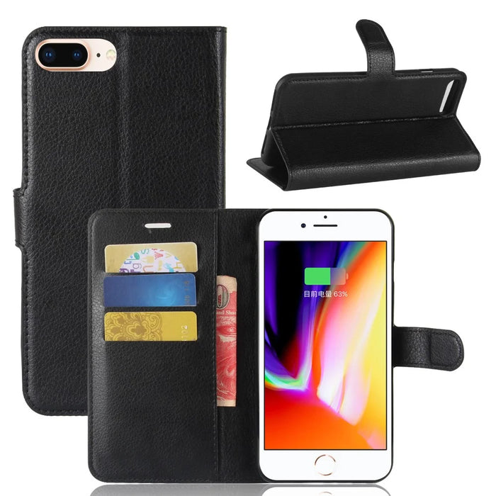 Lychee Skin Leather Wallet Case for iPhone 8 Plus / 7 Plus - Black - 1
