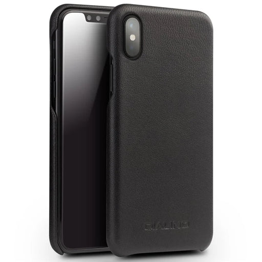 QIALINO Cowhide Leather Coated PC Back Casing for iPhone X / XS 5.8 inch Hard Phone Accessory - Black - 1