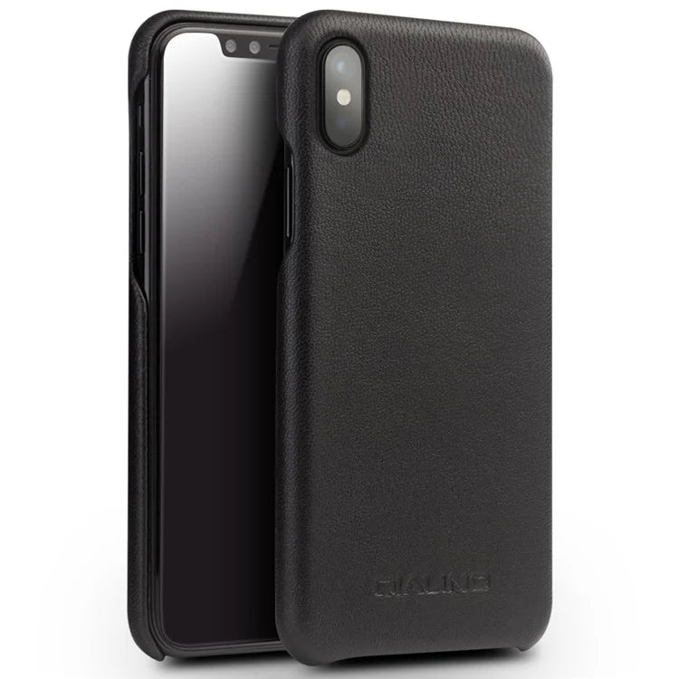 QIALINO Cowhide Leather Coated PC Back Casing for iPhone X / XS 5.8 inch Hard Phone Accessory - Black - 1