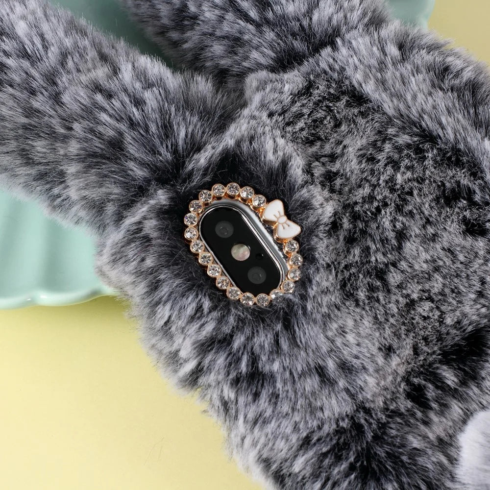 Rabbit Shape Fluffy Fur Coated Rhinestone TPU Gel Case for iPhone XS/X 5.8 inch - Coffee - 3
