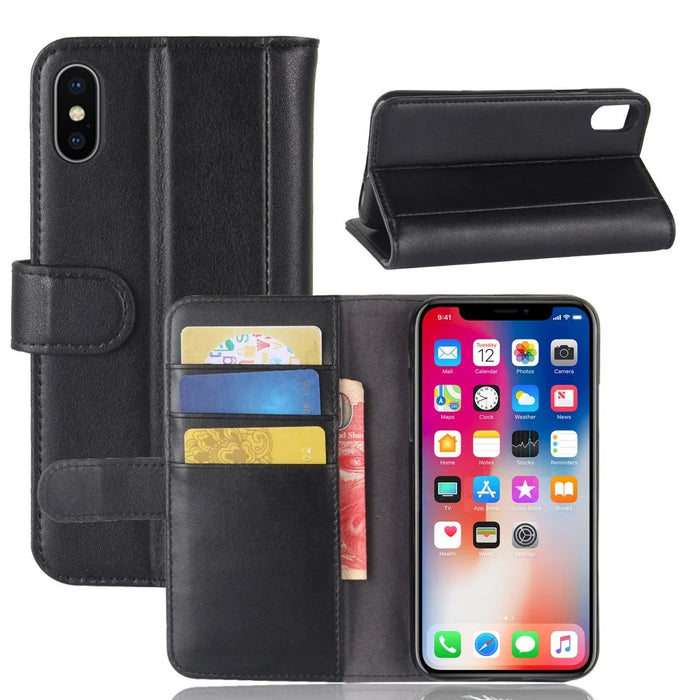 Genuine Leather Wallet Stand Shell Case for iPhone X Cell Phone Accessory - Black - 1