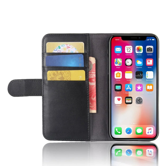 Genuine Leather Wallet Stand Shell Case for iPhone X Cell Phone Accessory - Black - 5