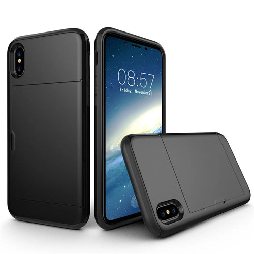 For iPhone XS/X 5.8 inch Sliding Card Holder PC + TPU Hybrid Shell Case - Black - 1