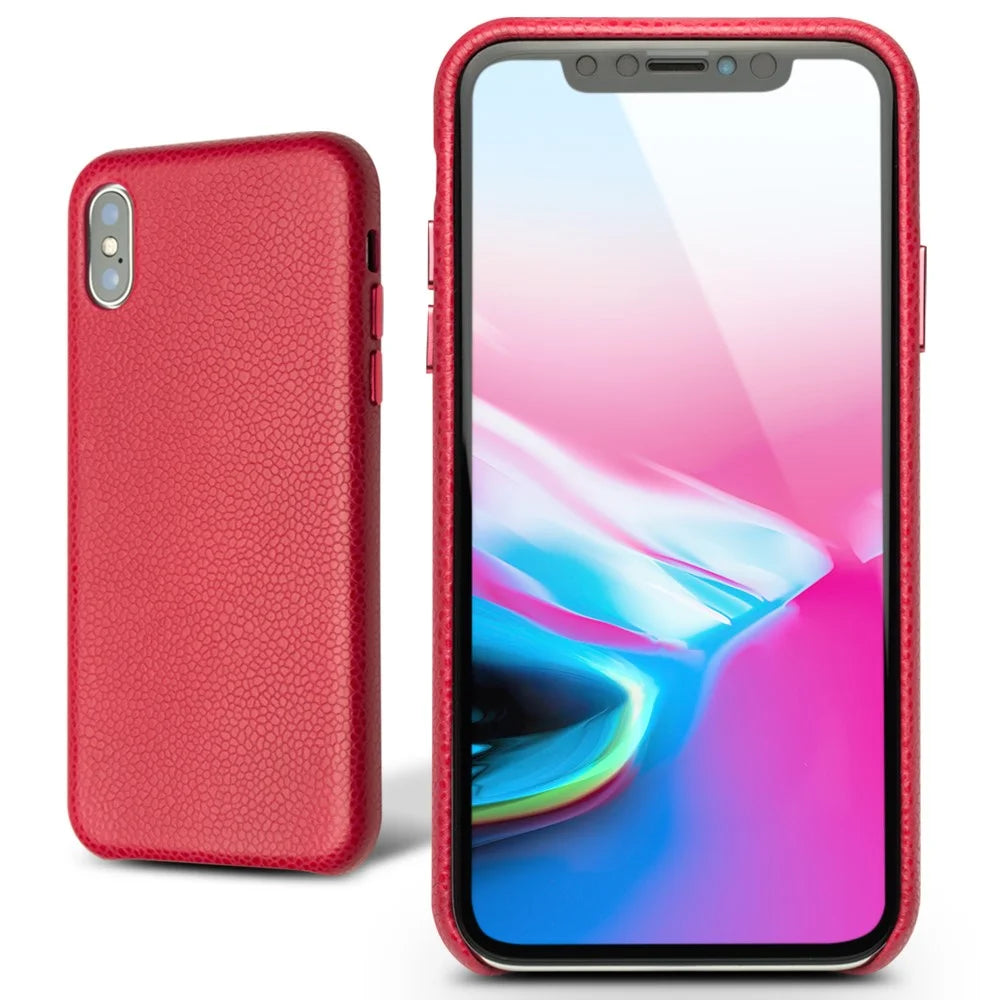 QIALINO Classic Litchi Texture Calf Skin Genuine Leather Coated Plastic Thin Cover Accessory for iPhone X/ XS 5.8 inch - Red - 2
