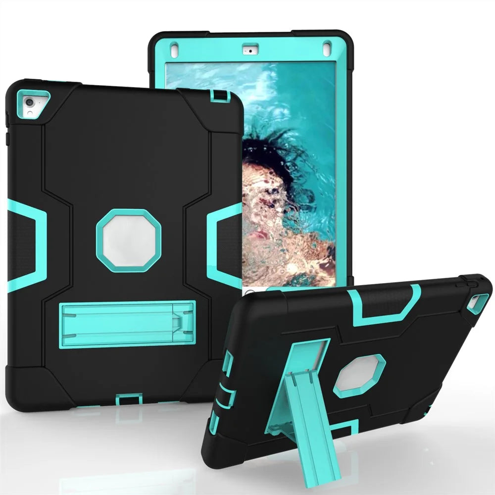 Dual Color PC + Silicone Armor Defender Kickstand Cover for iPad Pro 9.7 inch (2016) - Black + Mint Green - 1
