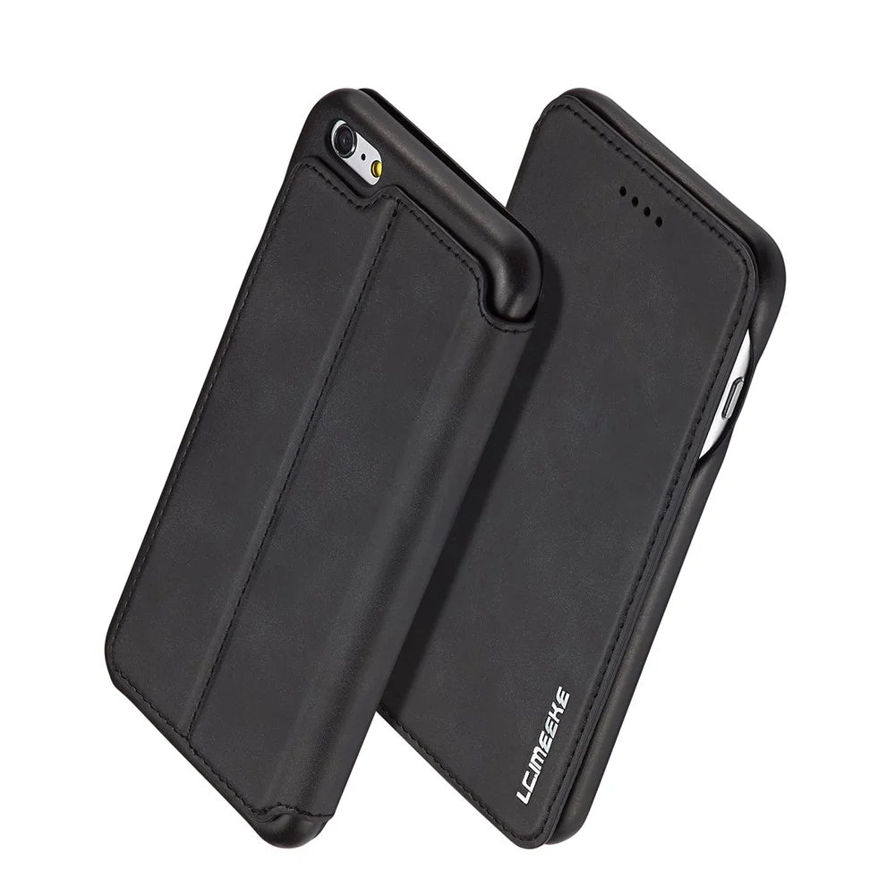 LC.IMEEKE Retro Style Leather Card Holder Stand Case for iPhone 6s/6 4.7-inch - Black - 1