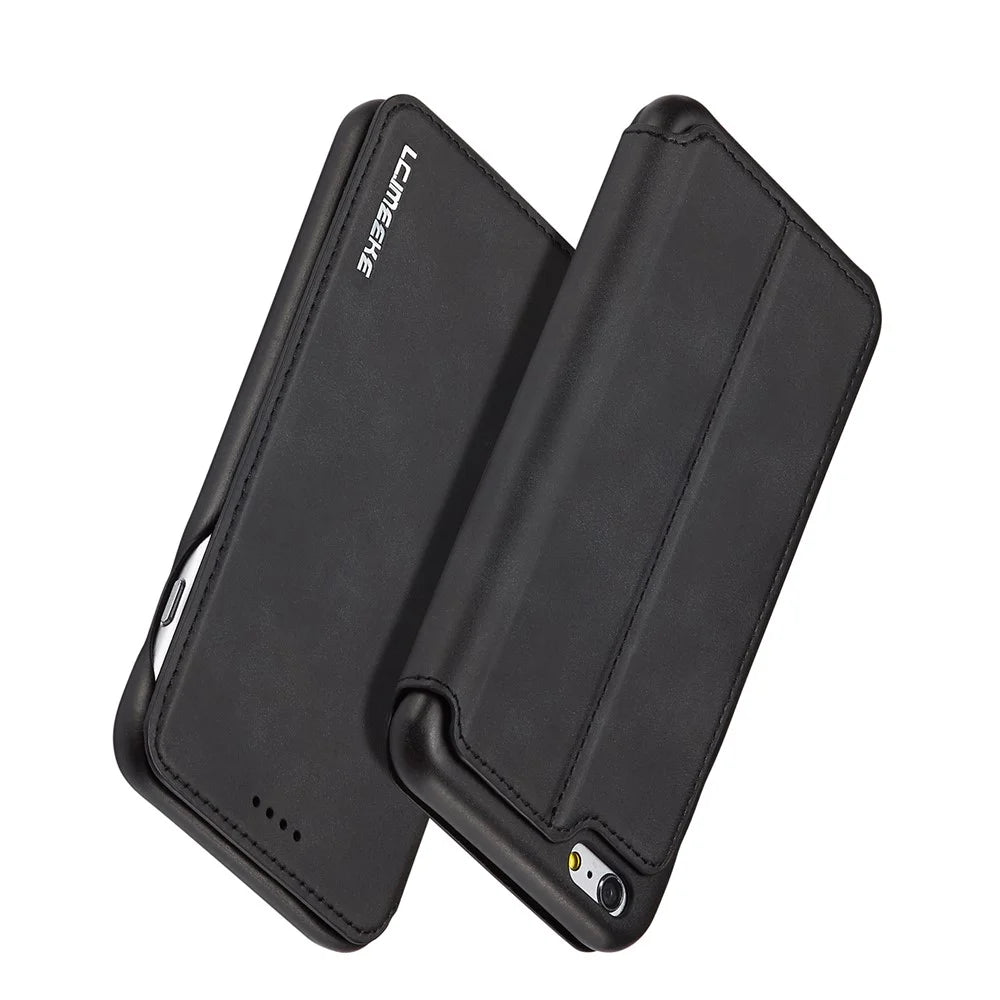 LC.IMEEKE for iPhone 6s Plus/6 Plus Retro Style Leather Card Holder Stand Case - Black - 2