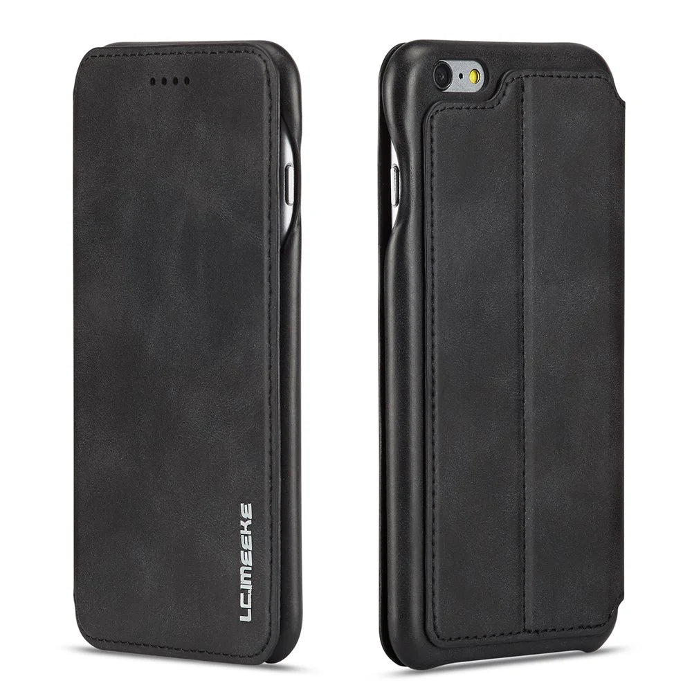 LC.IMEEKE for iPhone 6s Plus/6 Plus Retro Style Leather Card Holder Stand Case - Black - 3