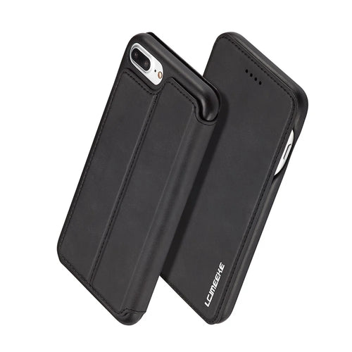 LC.IMEEKE Retro Style Leather Card Slot Bracket Case for iPhone 8 Plus/7 Plus - Black - 1
