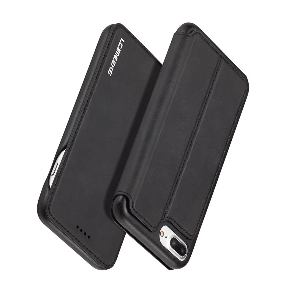 LC.IMEEKE Retro Style Leather Card Slot Bracket Case for iPhone 8 Plus/7 Plus - Black - 2