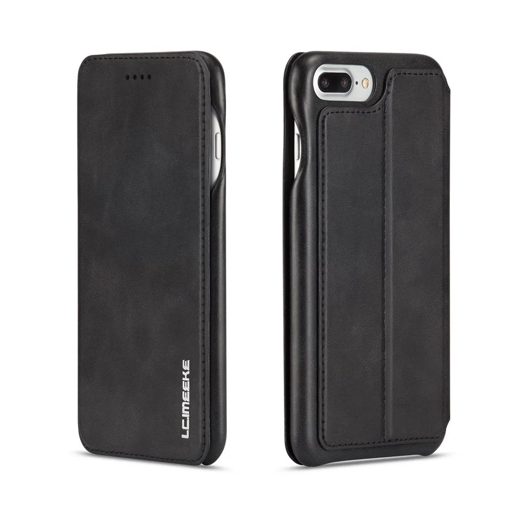 LC.IMEEKE Retro Style Leather Card Slot Bracket Case for iPhone 8 Plus/7 Plus - Black - 3