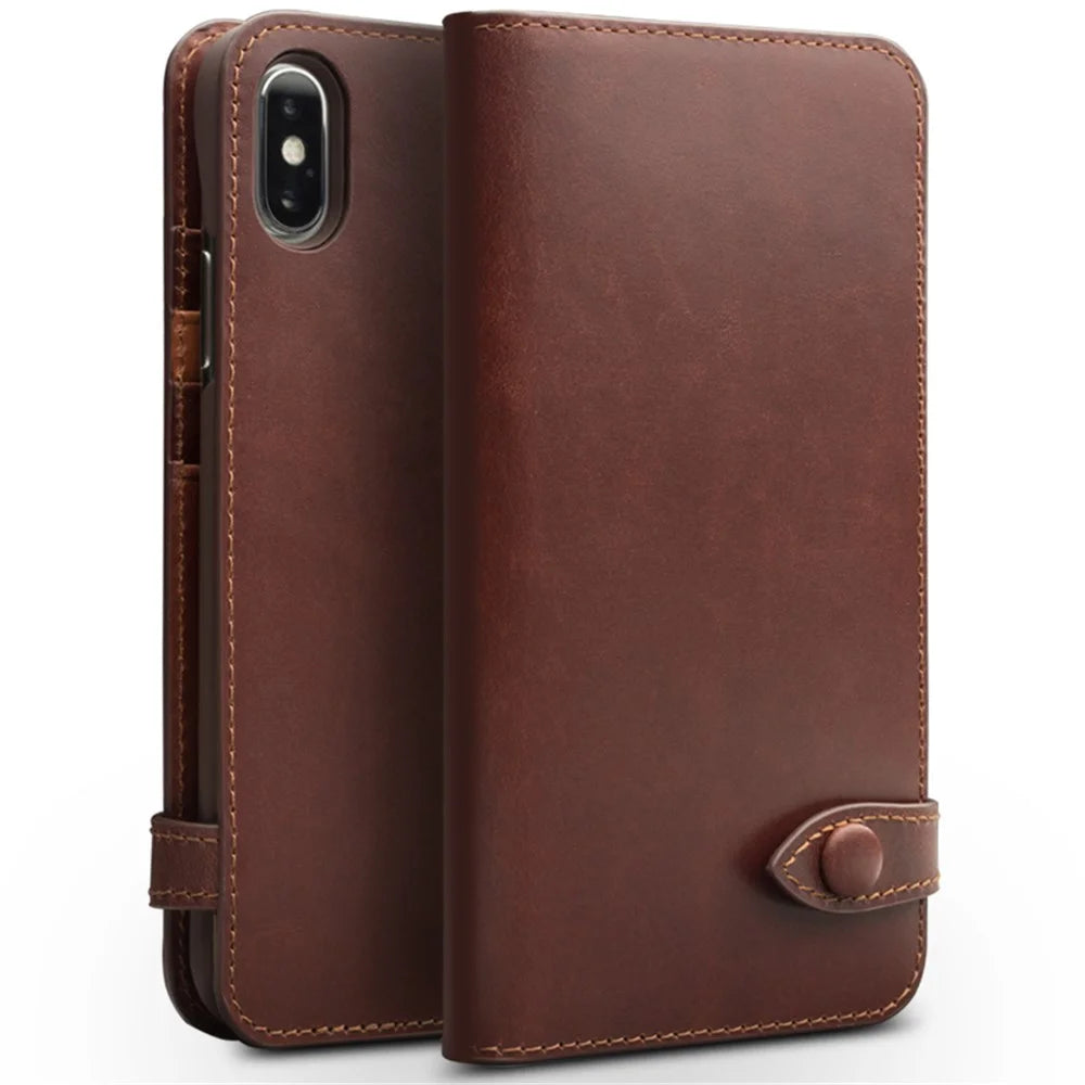 QIALINO Crazy Horse Texture Cowhide Leather Wallet Smart Phone Case for iPhone X / Xs - Brown - 1