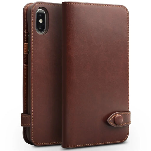 QIALINO Crazy Horse Texture Cowhide Leather Wallet Smart Phone Case for iPhone X / Xs - Brown - 1