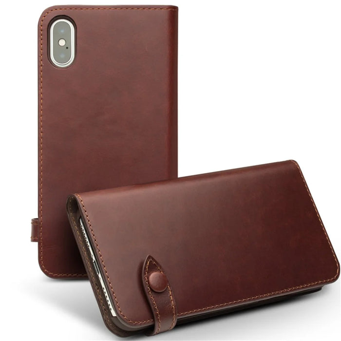 QIALINO Crazy Horse Texture Cowhide Leather Wallet Smart Phone Case for iPhone X / Xs - Brown - 4