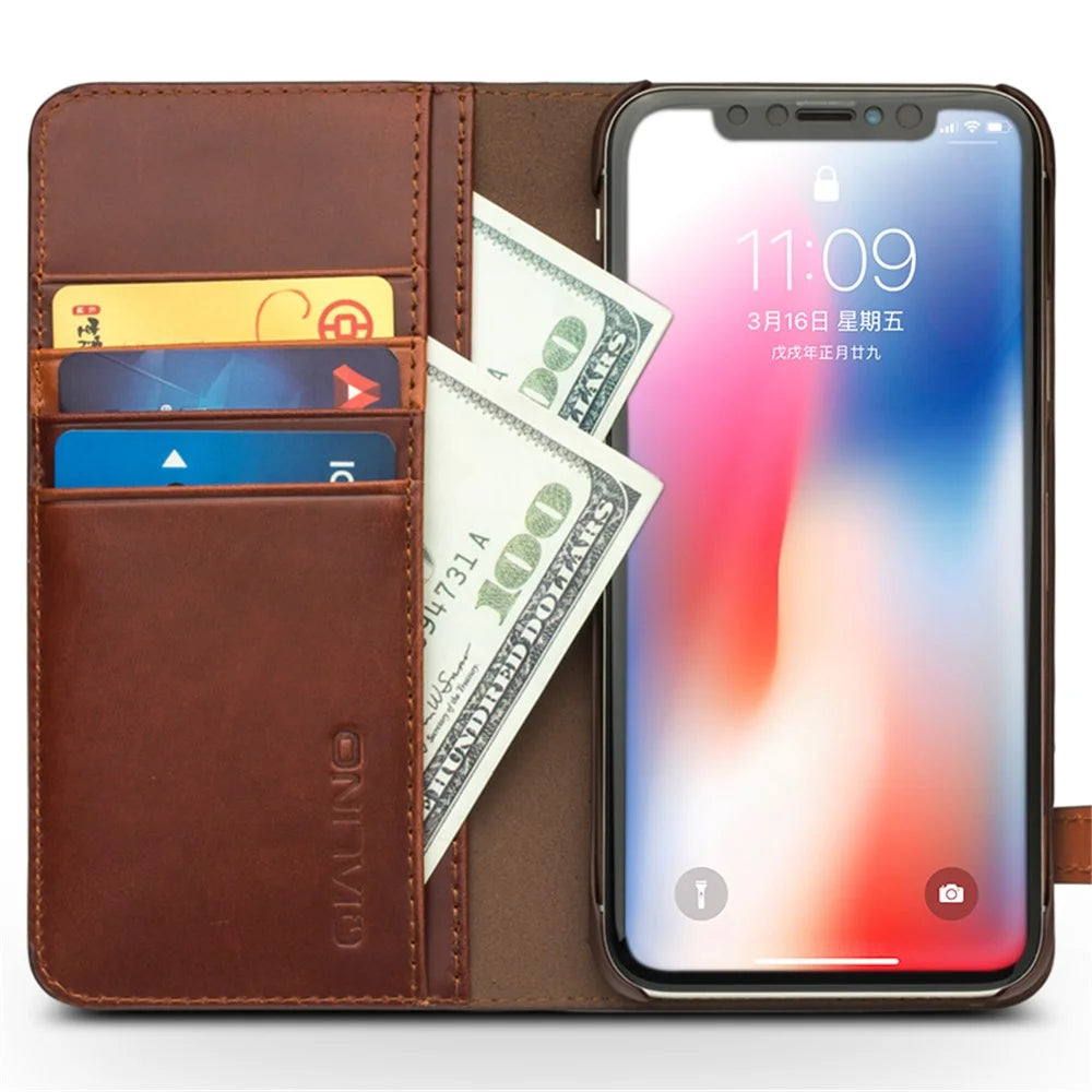 QIALINO Crazy Horse Texture Cowhide Leather Wallet Smart Phone Case for iPhone X / Xs - Brown - 5