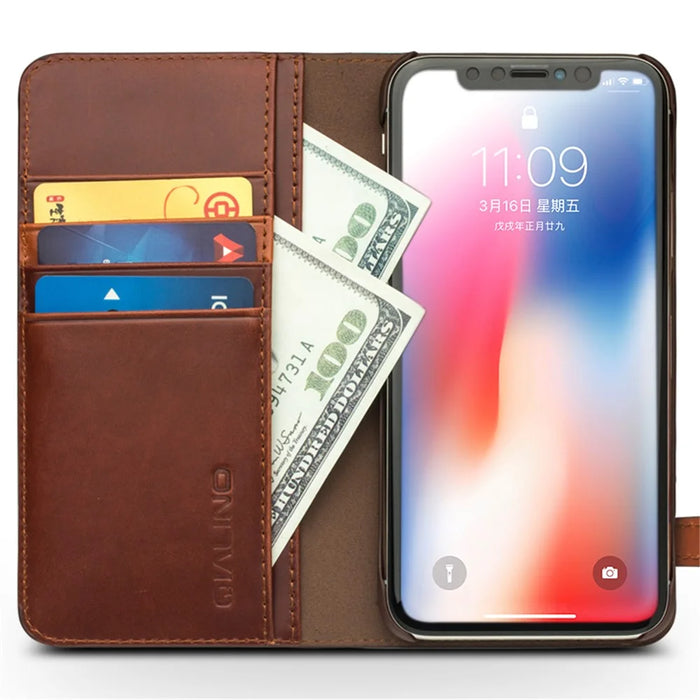 QIALINO Crazy Horse Texture Cowhide Leather Wallet Smart Phone Case for iPhone X / Xs - Brown - 5