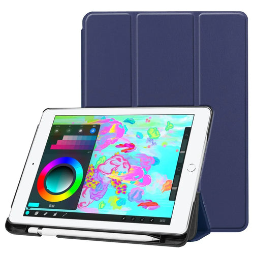 Tri-fold Stand Smart Leather Tablet Protective Casing with Pen Slot for iPad 9.7-inch (2018) / 9.7-inch (2017) - Dark Blue - 1