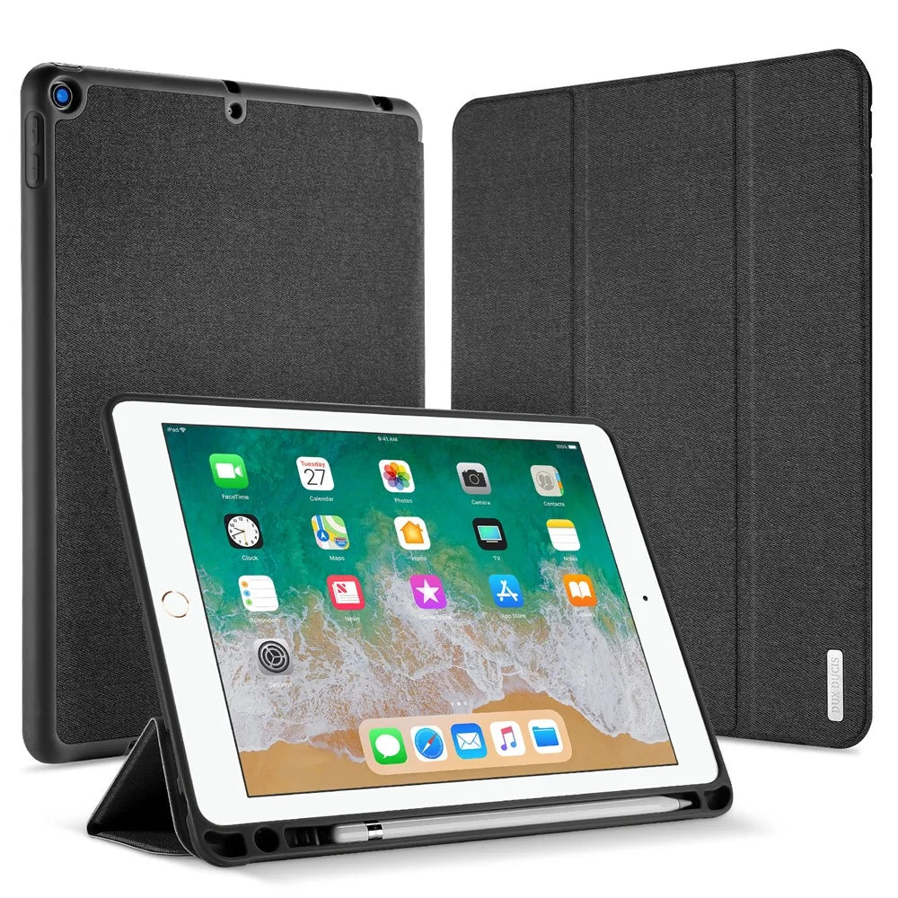 DUX DUCIS DOMO Series Tri-fold Stand PU Leather Smart Auto Wake/Sleep Cover with Pen Groove for iPad 9.7-inch (2018) / (2017) - Black - 1
