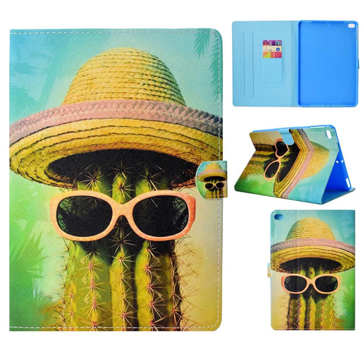 Cactus Wearing Hat and Glasses - Pattern Printing Card Holder Stand Leather Smart Cover for iPad 9.7-inch (2018) / 9.7-inch (2017) / Air 2 / Air - 1