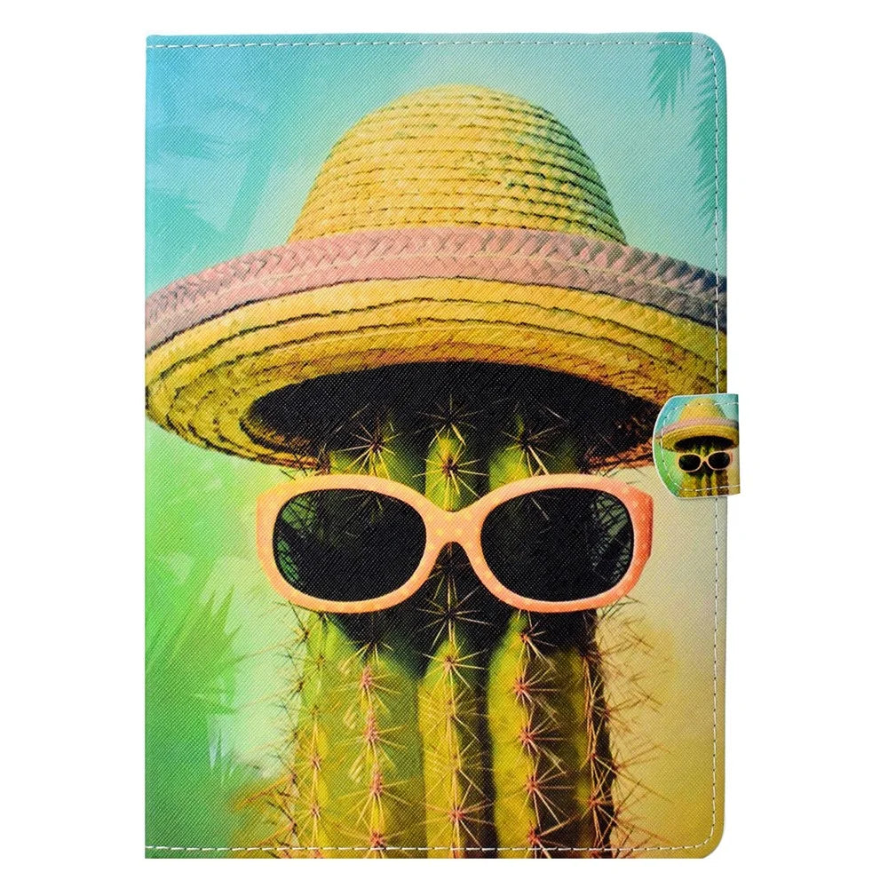 Cactus Wearing Hat and Glasses - Pattern Printing Card Holder Stand Leather Smart Cover for iPad 9.7-inch (2018) / 9.7-inch (2017) / Air 2 / Air - 2
