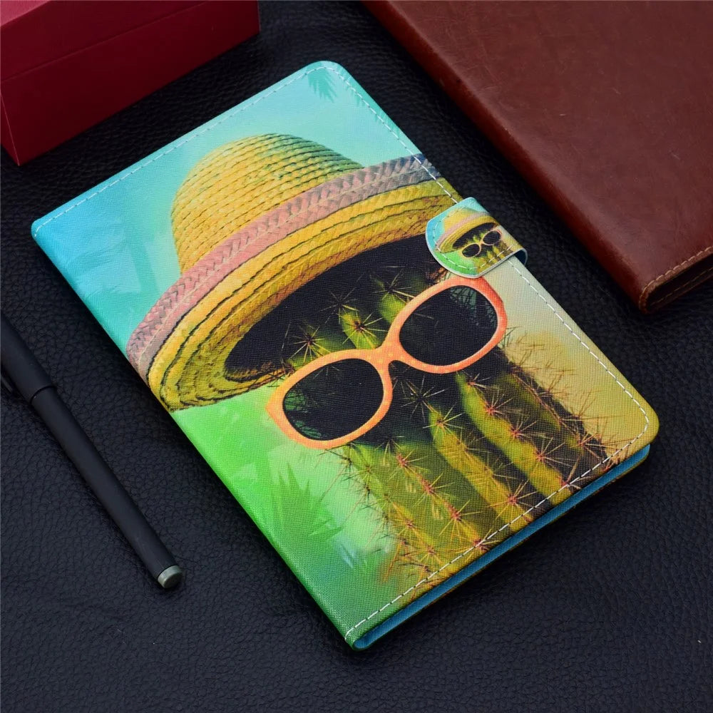 Cactus Wearing Hat and Glasses - Pattern Printing Card Holder Stand Leather Smart Cover for iPad 9.7-inch (2018) / 9.7-inch (2017) / Air 2 / Air - 6