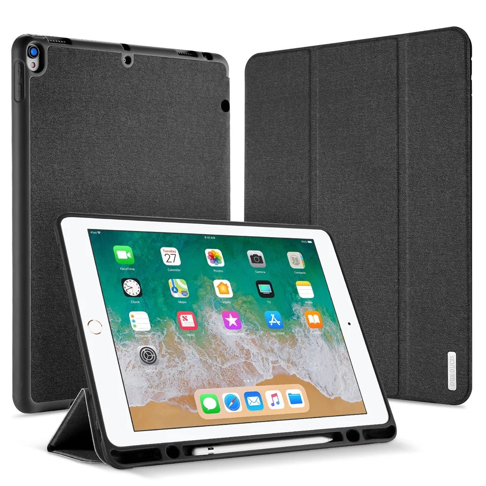 DUX DUCIS DOMO Series Tri-fold Stand Folio Smart Cloth Texture PU Leather Case with Pencil Holder for iPad Pro 12.9 (2017) - Black - 1