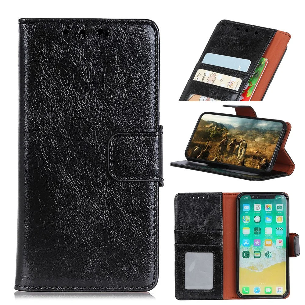 For iPhone XR 6.1 inch Shockproof Phone Case Nappa Texture Split Leather Flip Folio Cover Protective Phone Shell with Stand Wallet - Black - 1