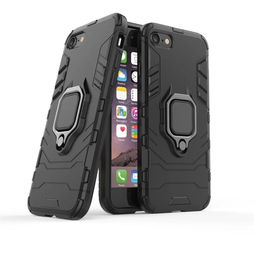 Finger Ring Kickstand PC + TPU Combo Phone Case for iPhone 8/7/SE (2022)/SE (2020)- Black - 1