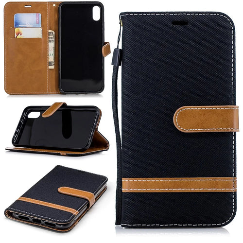 For iPhone XR 6.1 inch Assorted Color Jeans Cloth Wallet Stand Leather Phone Case - Black - 1