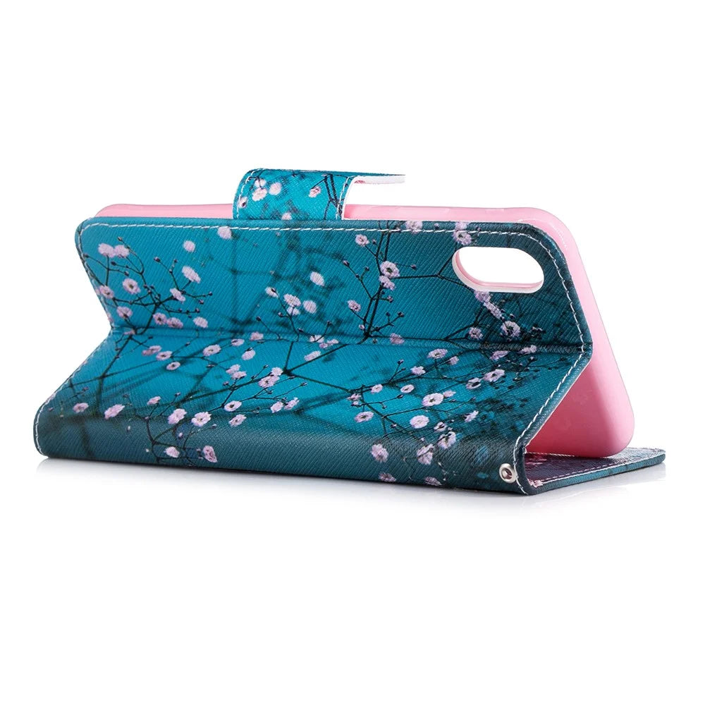 Pattern Printing PU Leather Wallet Stand Phone Cover Case for iPhone XS Max 6.5 inch - Tree with Flowers - 4