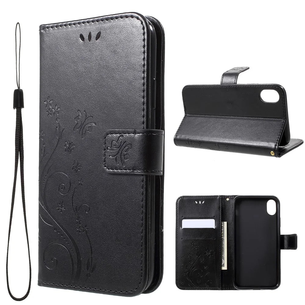 Imprint Butterfly Flower Stand Wallet Leather Case for iPhone XR 6.1 inch - Black - 1