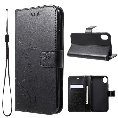Imprint Butterfly Flower Stand Wallet Leather Case for iPhone XR 6.1 inch - Black - 1
