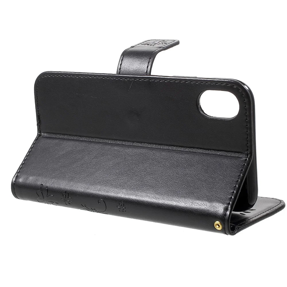 Imprint Butterfly Flower Stand Wallet Leather Case for iPhone XR 6.1 inch - Black - 4