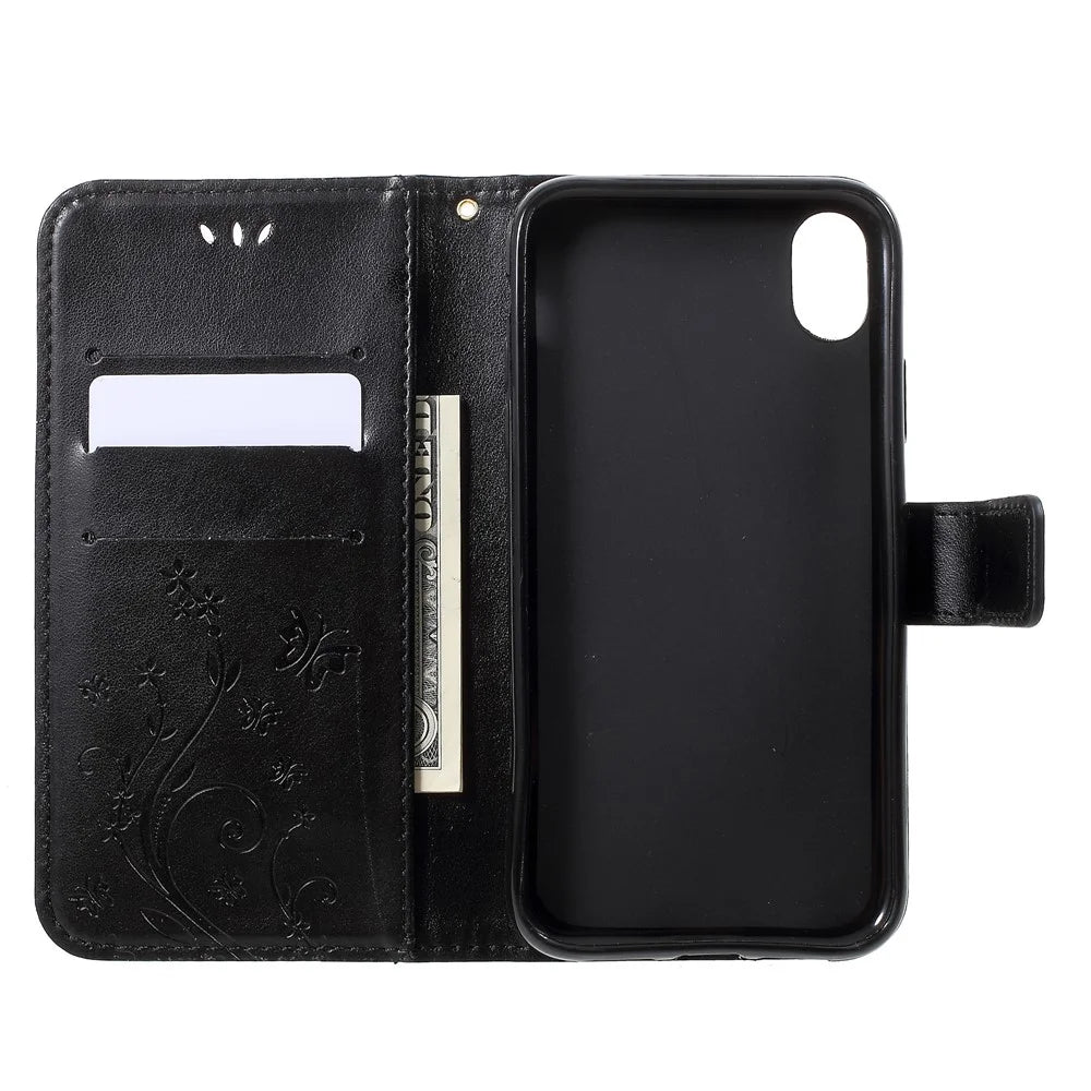 Imprint Butterfly Flower Stand Wallet Leather Case for iPhone XR 6.1 inch - Black - 5
