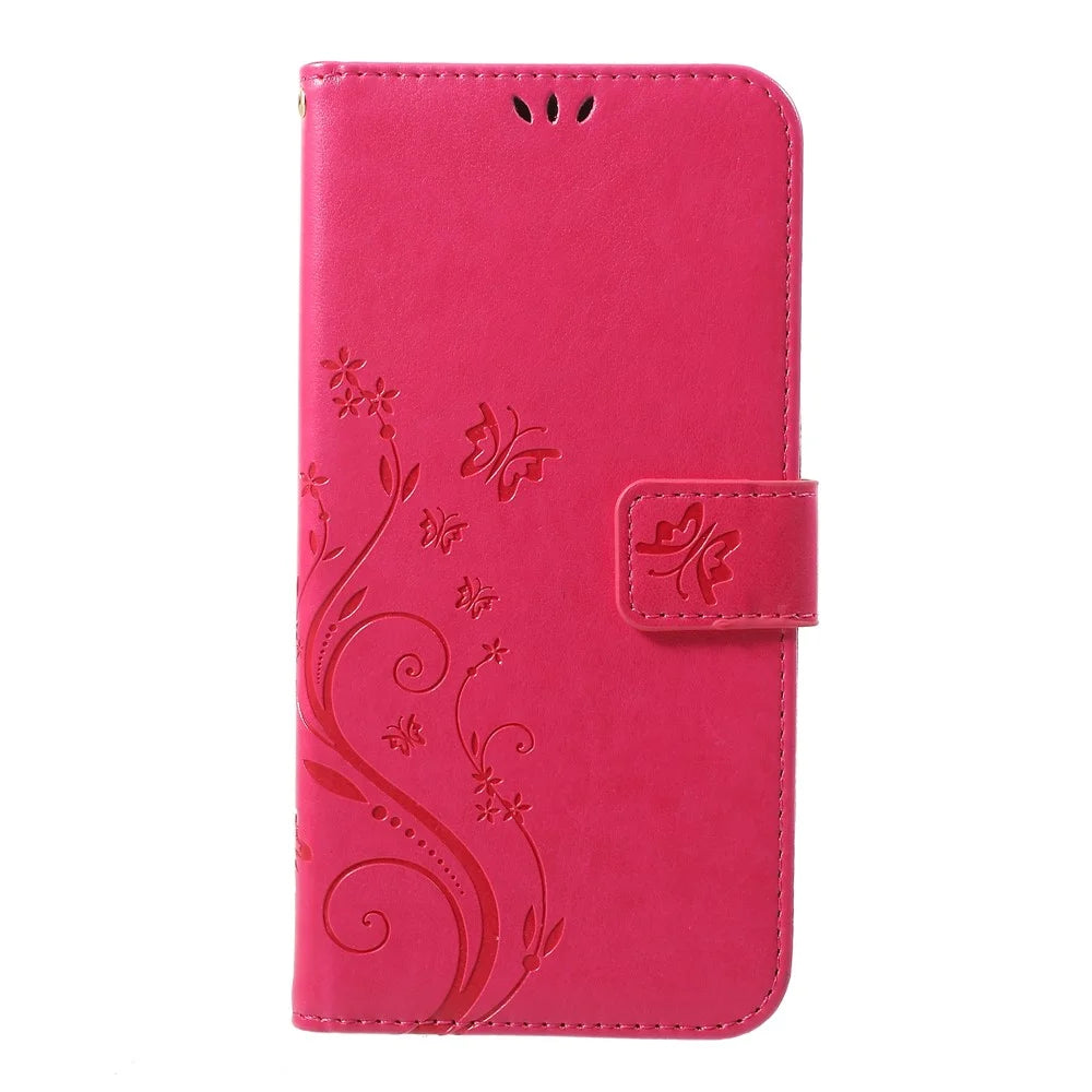 For iPhone XS Max 6.5 inch Imprint Butterfly Flower Stand Wallet Leather Cover with Strap - Rose - 1