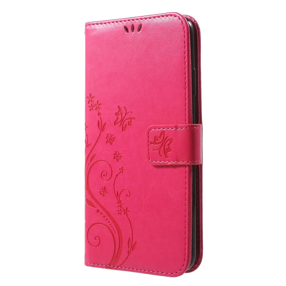 For iPhone XS Max 6.5 inch Imprint Butterfly Flower Stand Wallet Leather Cover with Strap - Rose - 2
