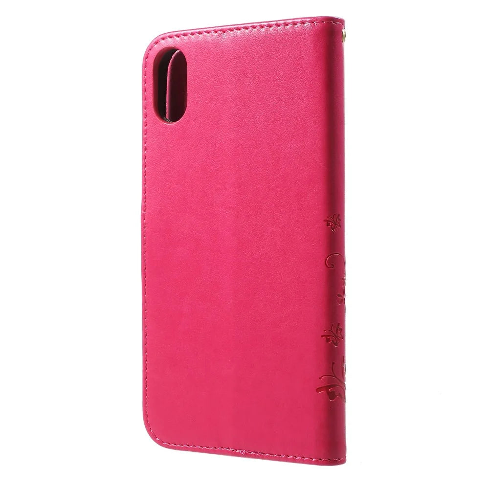 For iPhone XS Max 6.5 inch Imprint Butterfly Flower Stand Wallet Leather Cover with Strap - Rose - 3